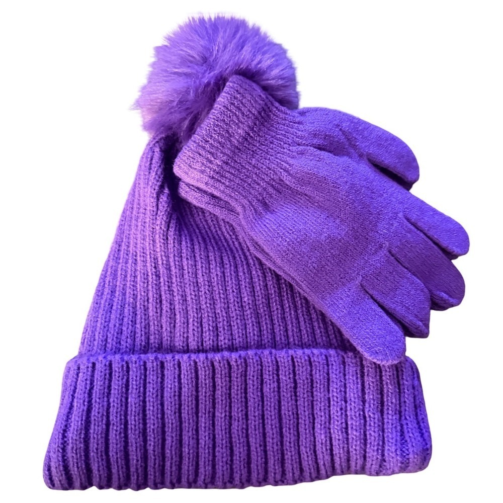 Girls Purple Sequin Beanie Hat and Gloves Set with Pom Pom Size 4-5T - Picture 4 of 8